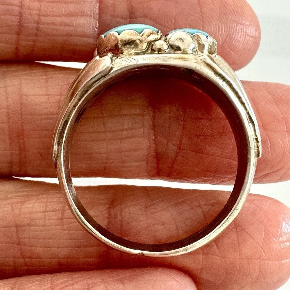 Navajo Three Stone Turquoise Ring Sz 13.5 Signed Spencer Fans 22mm Band Mens